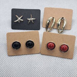 4 Pairs of Stud Earrings- Starfish, Cowrie Shell, Black Rounds, Red Rounds